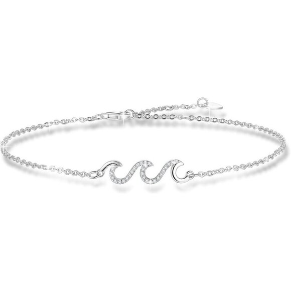 925 Sterling Silver Wave Anklet with Cubic Zirconia for Women - Adjustable Gift